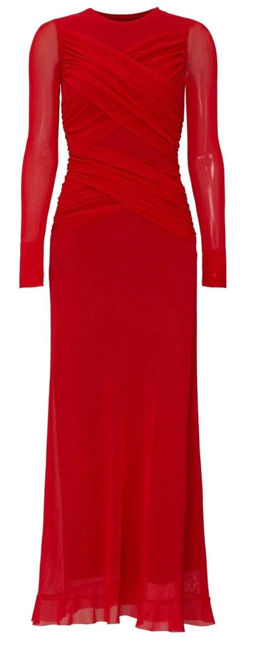 Fuzzi Long Sleeve Ruched Sheer Mesh Gown Red Size S Italy Pre-Loved MSRP $495